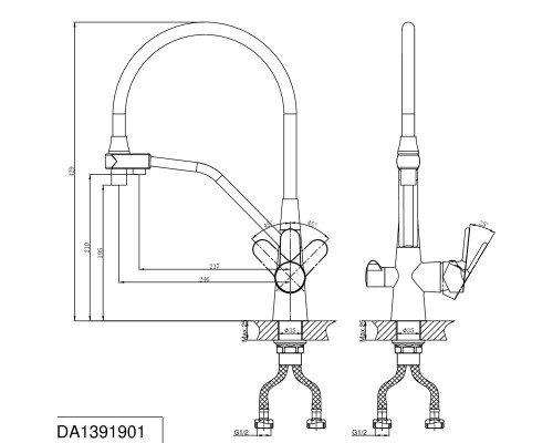 Смеситель D&K Rhein Marx DA1391901 для кухонной мойки с подключением к фильтру, гибкий излив, хром