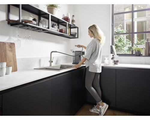 Кухонный смеситель Hansgrohe Talis M54, 72809800, с вытяжным изливом, в комплекте с коробом sBox для шланга, под сталь