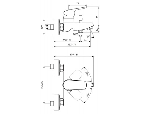 Смеситель Ideal Standard Ceraflex настенный для ванны и душа, хром, B1721AA