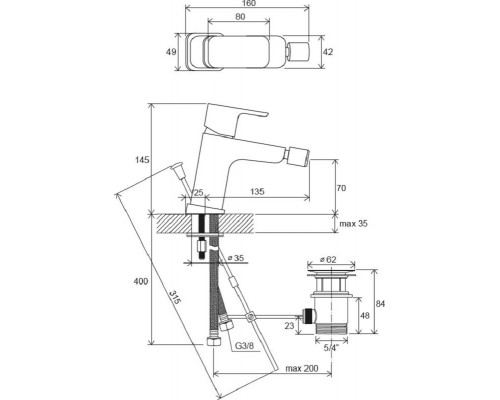 Смеситель для биде Ravak 10° Free-TD F 055.00, с донным клапаном, хром, X070133