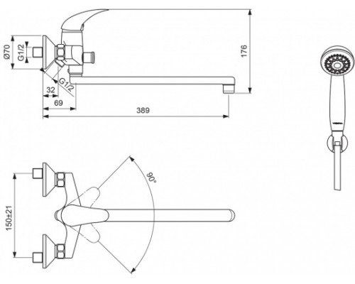 Смеситель Vidima ОРИОН (ORION) BA005AA для ванны и душа с душевым гарнитуром, хром