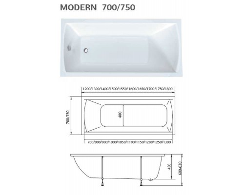 Акриловая ванна 1MarKa Modern 170x75 прямоугольная, белая (01мод1775)