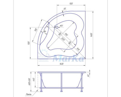 Угловая ванна 1MarKa CASSANDRA 140x140 (01кас1414)