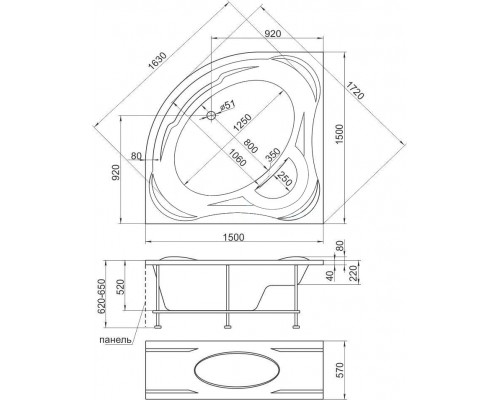 Ванна 1MarKa PALERMO, угловая, 150 х 150 см (01па1515)