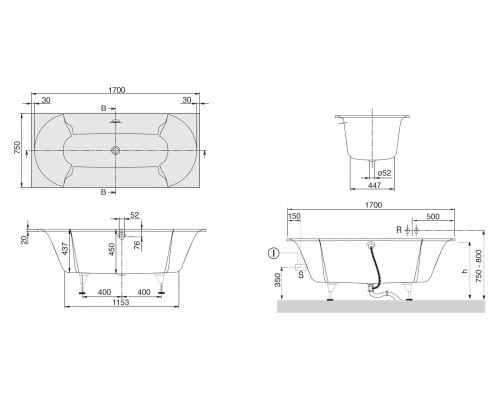Ванна Villeroy&Boch Pavia UBQ170PAV2V-01, 170x75 см, Quaryl®, alpin