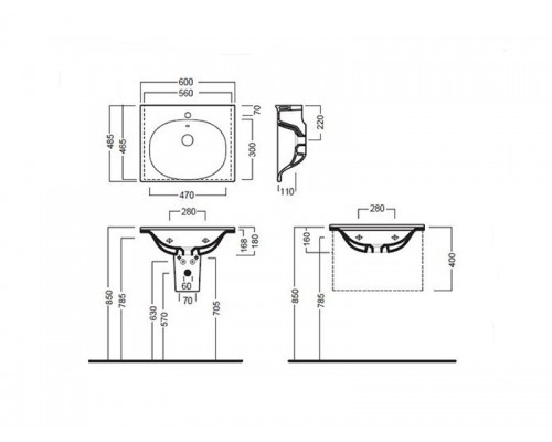 LE FIABE Раковина 60, 1 отверстие для смесителя, подвесная или накладная, размер 60х48.5, белая