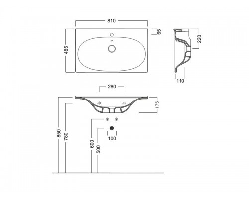 LE FIABE Раковина, 1 отверстие для смесителя, подвесная или накладная, размер 81х48.5, белая