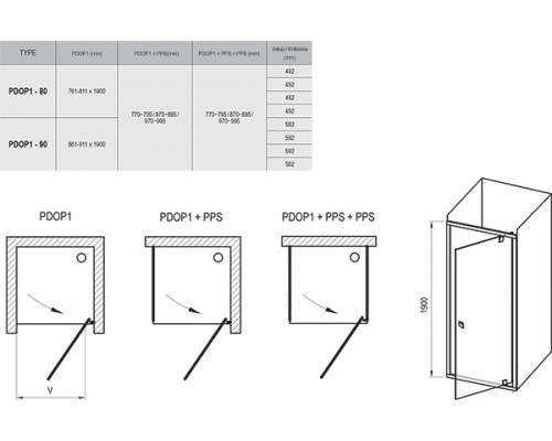 Душевая дверь Ravak Pivot PDOP1-90, профиль белый, ручки хром/сатин, витраж транспарент, 03G70100Z1/03G70U00Z1