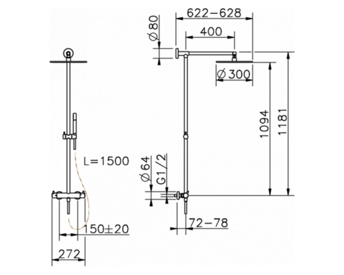 Душевая система Cisal Less New термостатический смеситель для душа, верхний душ, ручной душ с держателем и шлангом, черный матовый (LNC7801N40)