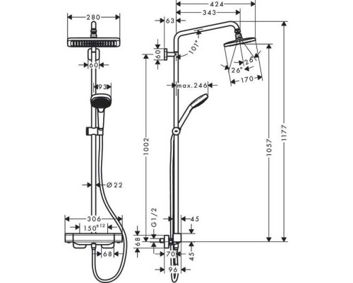 Душевая система Hansgrohe Croma E Showerpipe 280 1jet 27630000 c термостатом, хром