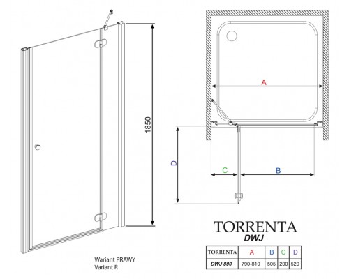 Душевая дверь в нишу Radaway Torrenta DWJ 80 прозрачное стекло R