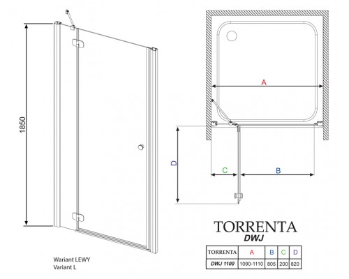 Душевая дверь в нишу Radaway Torrenta DWJ 110 прозрачное стекло L