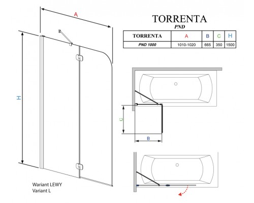 Шторка на ванну Radaway Torrenta PND 100 прозрачное стекло L (201202-101NL)