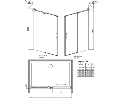 Душевая дверь Radaway Espera KDJ, DWJ 495 L, 49.5 х 200 см, стекло прозрачное, профиль хром, левая, 380495-01L