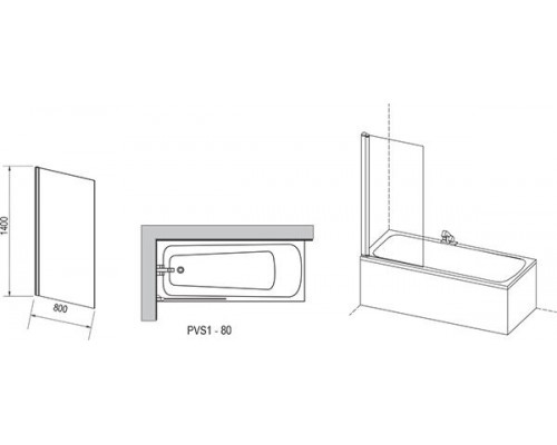 Шторка для ванны Ravak PVS1-80, 80 х 140 см, профиль белый, витраж транспарент, 79840100Z1