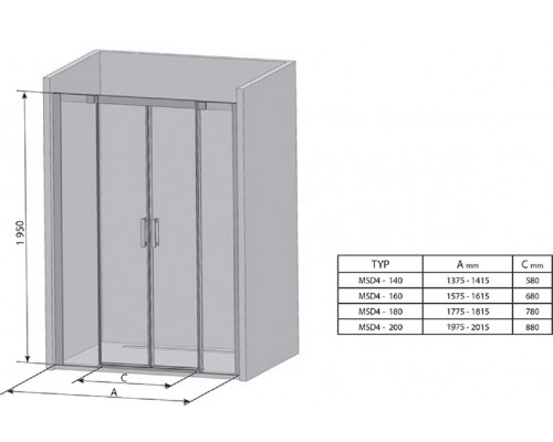 Дверь душевая Ravak Matrix MSD4-200, профиль белый, витраж транспарент, 0WKK0100Z1