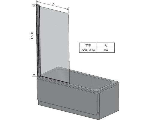 Шторка на ванну Ravak CVS1-80, левая/правая, профиль сатин, витраж транспарент, 7QL40U00Z1/7QR40U00Z1