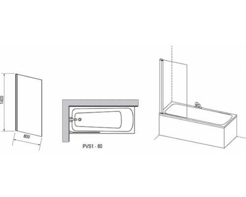 Шторка для ванны Ravak PVS1-80, 80 х 140 см, профиль черный, витраж транспарент, 79840300Z1