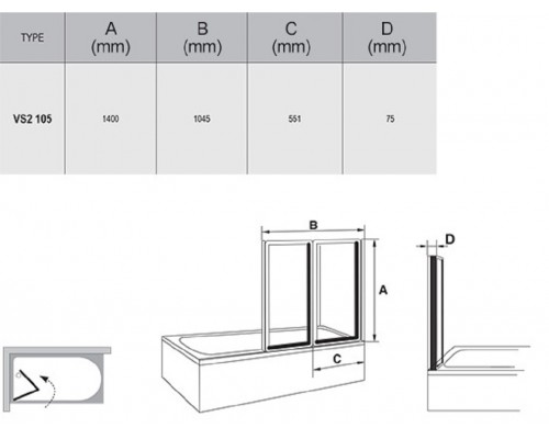 Шторка для ванны Ravak VS2 105, профиль сатин, витраж грейп, 796M0U00ZG
