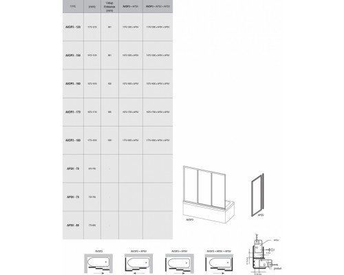 Шторка для ванны Ravak AVDP3-170, профиль белый/сатин, витраж транспарент, 40VV0102Z1/40VV0U02Z1