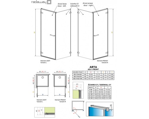 Душевой уголок Radaway Arta KDJ I 90 x 80 см, левая дверь, стекло прозрачное