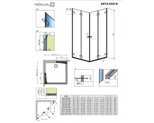 Душевой уголок Radaway Arta KDD B с дверями типа Bi-fold, 90 x 80 см, стекло прозрачное