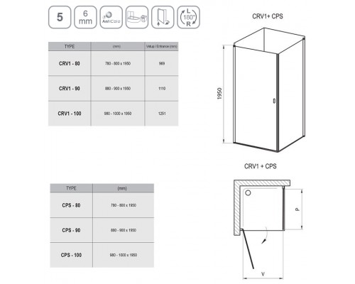 Душевой уголок Ravak Chrome CRV1+CPS, 90 x 80 см, профиль белый, витраж транспарент, 1QV70101Z1/9QV40100Z1