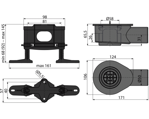 Cифон низкий для водоотведения в душевых на уровне пола AlcaPlast APZ-S9 DN50 и комплект регулируемых ног