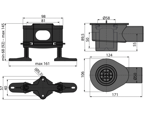 Cифон  для водоотведения в душевых на уровне пола AlcaPlast APZ-S12 DN50 и комплект регулируемых ног