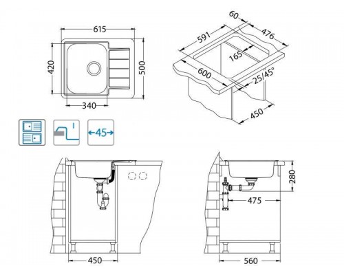 Мойка кухонная Alveus Line 110 NAT 90 FI 1122317, 615 x 500 мм