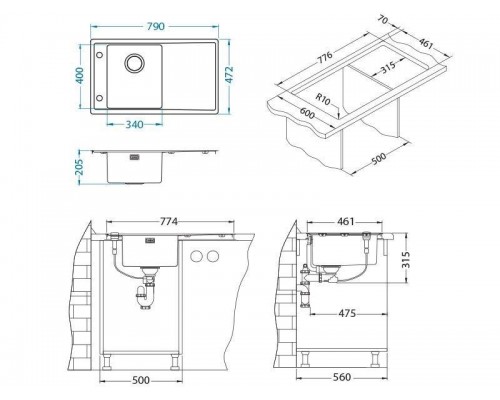 Мойка кухонная Alveus Stricto 10 KMB 90 FI, 790 x 472 мм