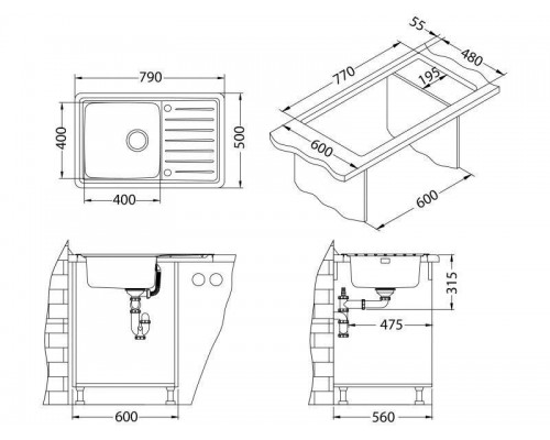 Мойка кухонная Alveus Galeo 20 SAT 90 FI 1128553, 790 x 500 мм