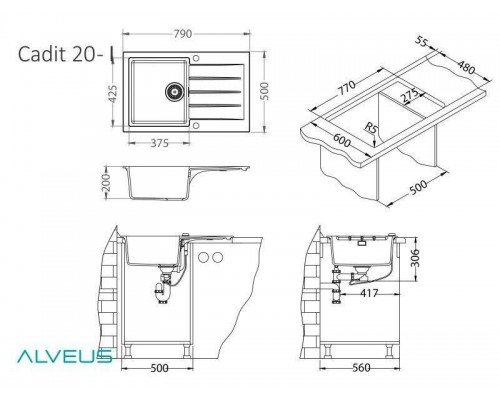 Мойка кухонная Alveus Granital Cadit 20 1132025 790х500 мм, бетон