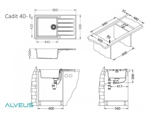 Мойка кухонная Alveus Granital Cadit 40 1132030 860х500 мм, бетон