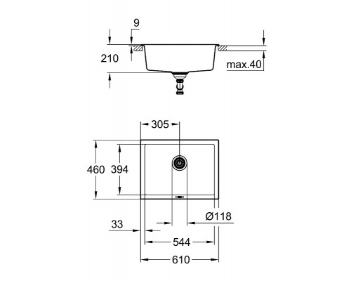 Мойка кухонная из искусственного гранита Grohe K700U 31655AP0, 61 x 46 см, с корзинчатым вентилем и сливным гарнитуром, черный гранит