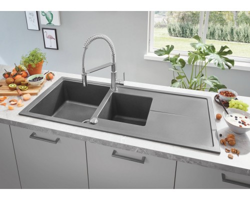 Мойка кухонная из искусственного гранита Grohe K400, 31643AT0, 116 x 50 см, с корзинчатым фильтром и донным клапаном, серый гранит