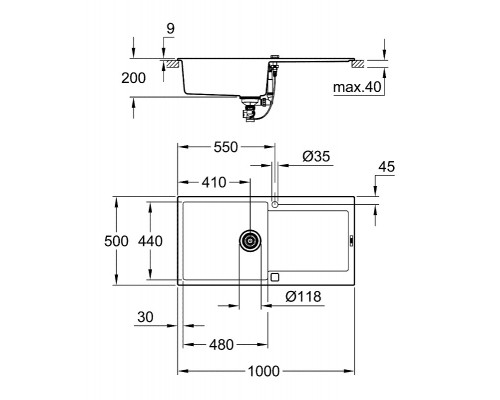 Мойка кухонная из искусственного гранита Grohe K500, 31645AT0, 100 x 50 см, с корзинчатым фильтром и донным клапаном, серый гранит