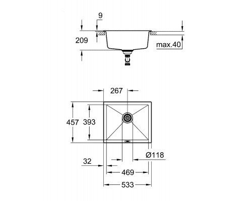 Мойка кухонная из искусственного гранита Grohe K700U 31654AP0, 53,3 х 45,7 см, с корзинчатым вентилем и сливным гарнитуром, черный гранит