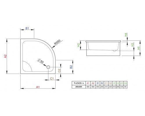 Поддон для душа Radaway Naxos A800, 80 x 80 см, четверть круга, SBA8841-1