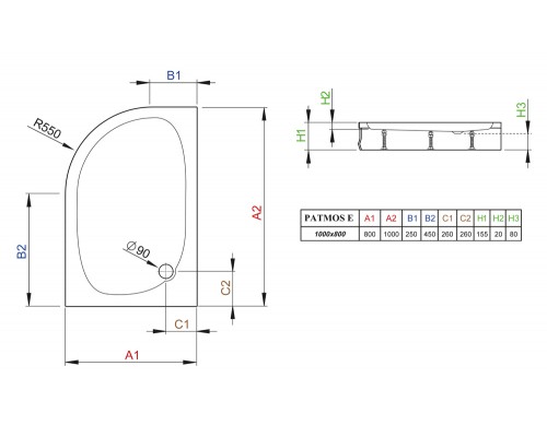 Поддон для душа Radaway Patmos E, 100 x 80 см, четверть круга, 4P81155-03P