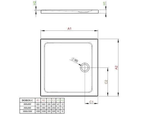 Поддон для душа Radaway Doros C800, 90 х 90 см, квадратный, SDRC8080-01