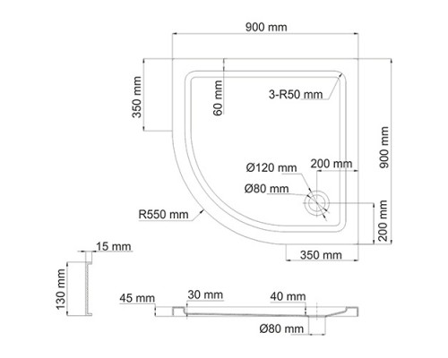 Душевой поддон WasserKRAFT Isen 26T01, четверть круга, 90 x 90 см, акрил 5мм, белый