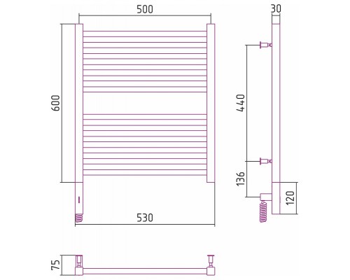 Полотенцесушитель электрический Сунержа Модус 3.0, 60 х 50 см, ширина 50 см, высота 60 см, с блоком управления МЭМ слева/справа, без покрытия