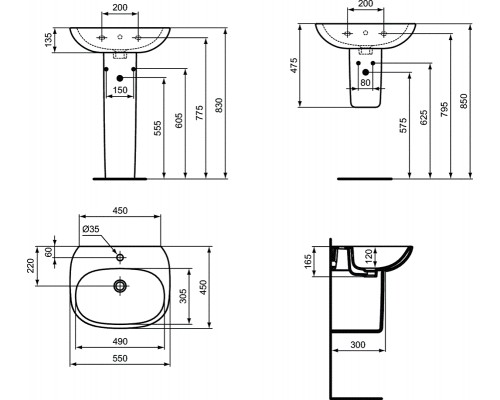 Раковина Ideal Standard Tesi T352301 55 см, тонкий бортик