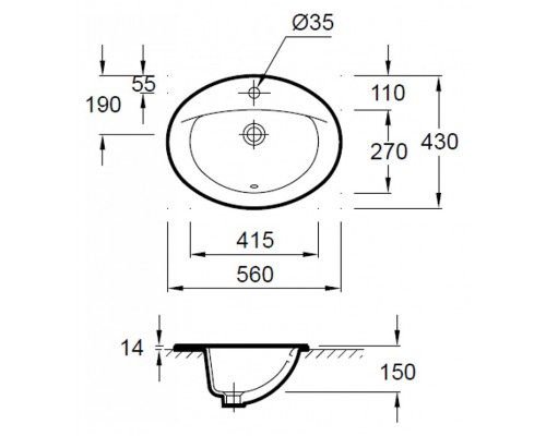 Раковина Jacob Delafon Patio E4155-00 (E1291-00) 56*43 см врезная сверху