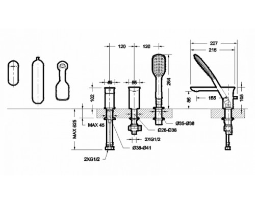 Смеситель Bravat Gina F565104C-2-ENG на 3 отверстия для ванны, хром