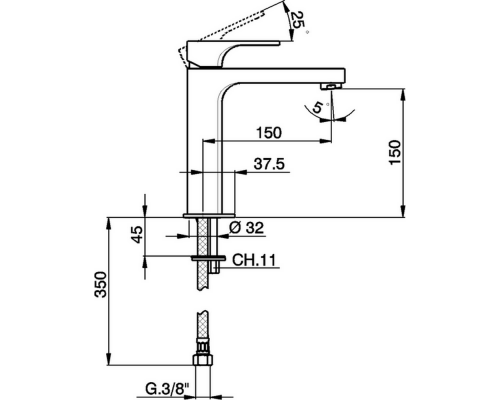 Смеситель Cisal Cubic однорычажный для раковины на 1 отверстие,высокий h150 мм,без донного клапана, цвет хром, CU00150121
