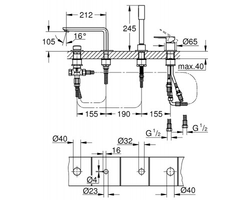 Смеситель Grohe Lineare New для ванны и душа, на борт ванны, суперсталь, 19577DC1