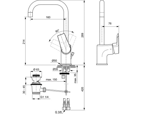 Смеситель для раковины Ideal Standard Tesi A6571AA с донным клапаном