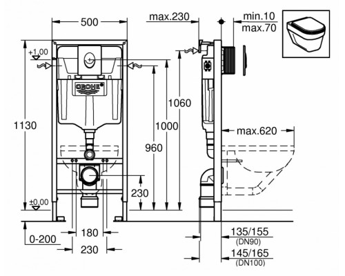 Инсталляция Grohe с безободковым унитазом Gustavsberg Hygienic Flush 5G84HR01, сиденье микролифт, комплект   399579